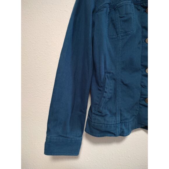 Chicos Size 2 Turquoise Blue Embroidered Long Sleeve Button Front Denim Jacket - Picture 11 of 12